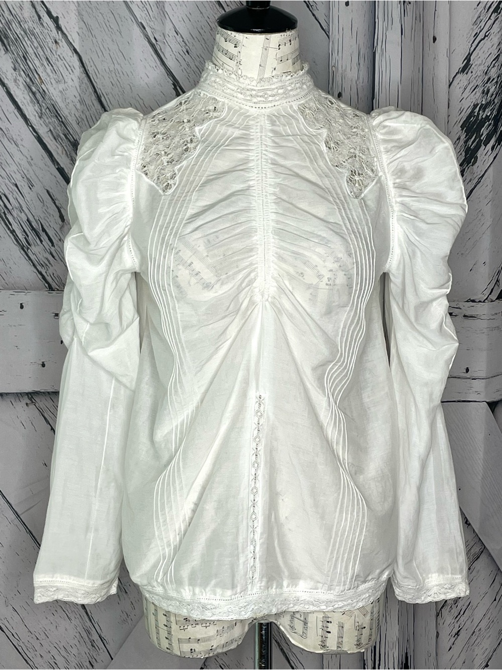 Farm Rio Off White Victorian Inset Lace Blouse Long Puffed Sleeved Size M